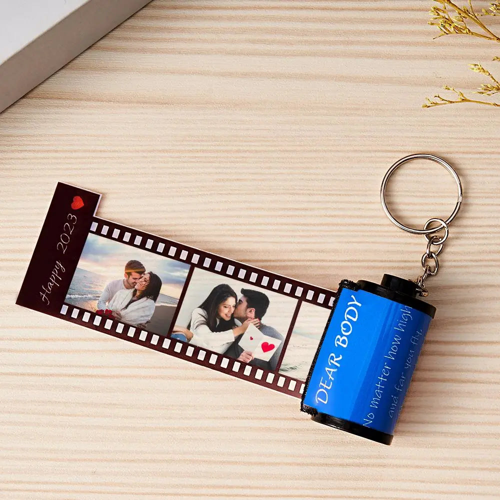 Custom Photo & Text Colorful Roll Film Keychain Camera Keychain with Wood Box Meaningful Gifts For Couples