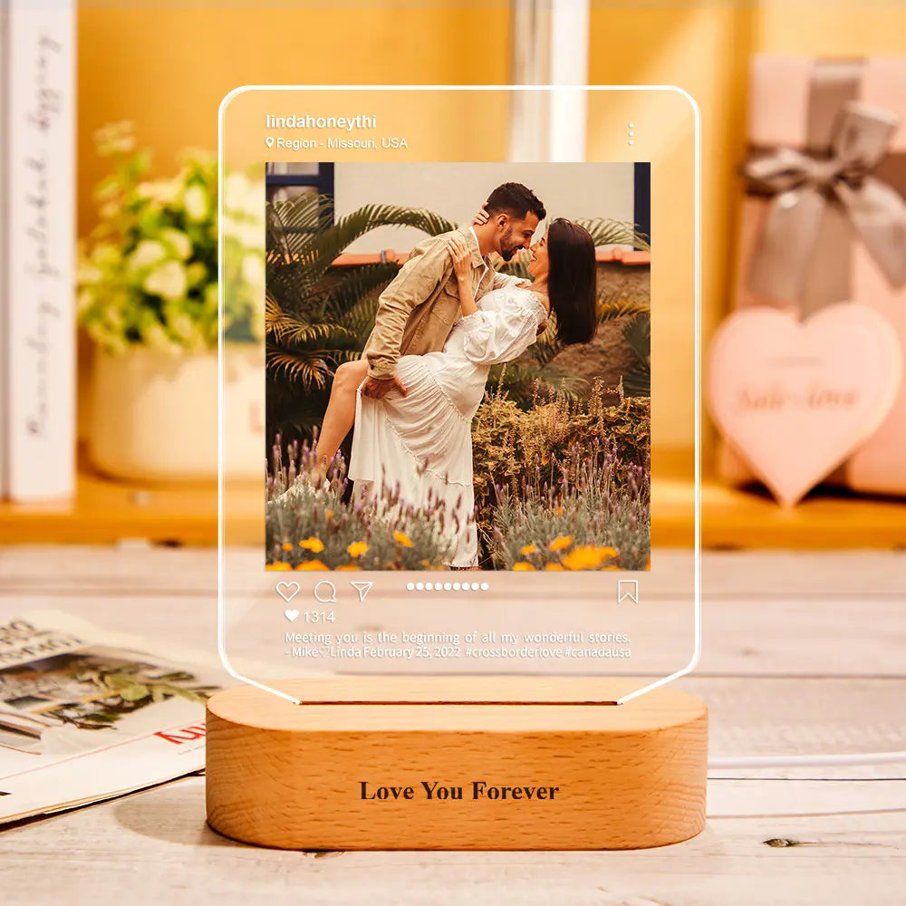 Custom Photo Social Media Style Night Light with Engraved Text Wooden Base Home Decor Valentines Gift