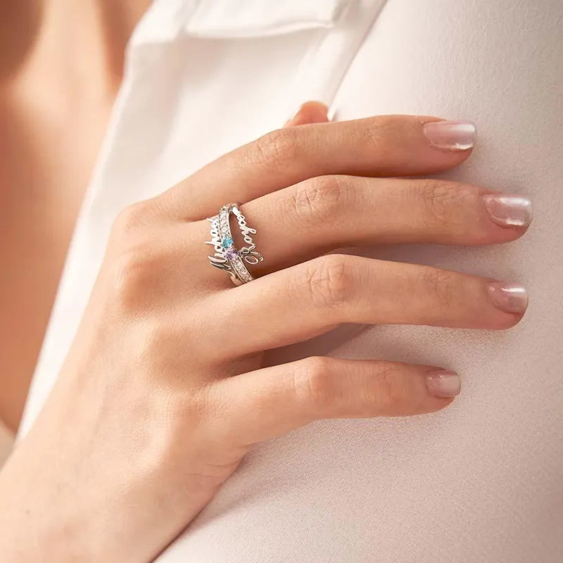 Custom Name and Text Double Heart Birthstone Promise Ring Anniversary Gift Valentines Gift