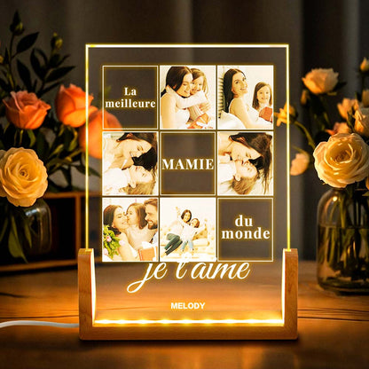 Custom Multi-Photo Acrylic Night Light with French Text – U-Shaped Walnut Wooden Base Mother's Day Gift