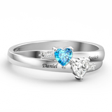 Custom Engraved Names Double Heart Birthstone Silver Promise Ring Wedding Gift Anniversary Gift Birthday Gift Valentines Gift