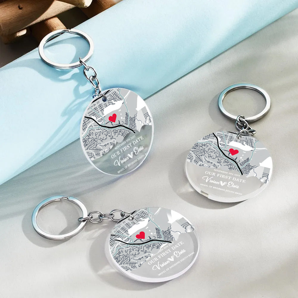 Personalized Map Acrylic Keychain Our First Date Keychain For Couple Valentines Gift