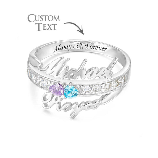 Custom Name and Text Double Heart Birthstone Promise Ring Anniversary Gift Valentines Gift