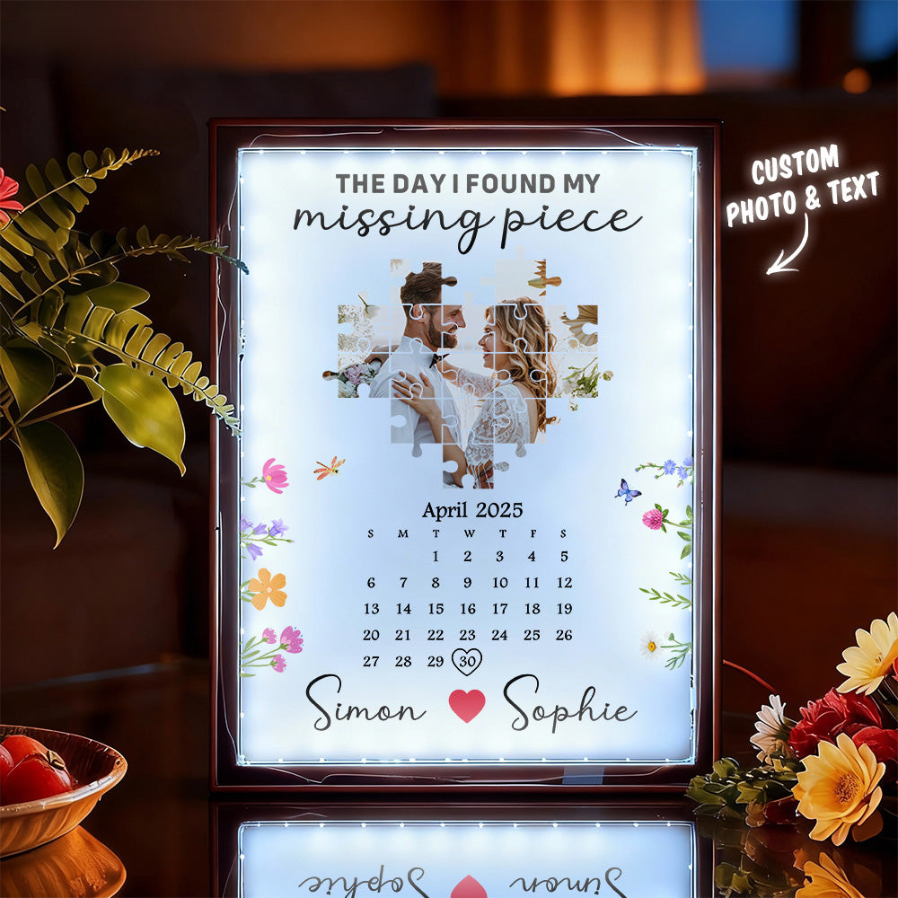 Custom Photo & Names Magic Mirror Light The Day I Found My Missing Piece Calendar Desk Decor Valentine's Gift