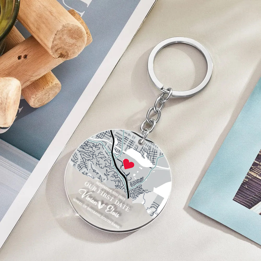 Personalized Map Acrylic Keychain Our First Date Keychain For Couple Valentines Gift