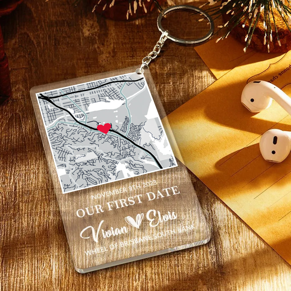 Personalized Map Acrylic Keychain Our First Date Keychain For Couple Valentines Gift