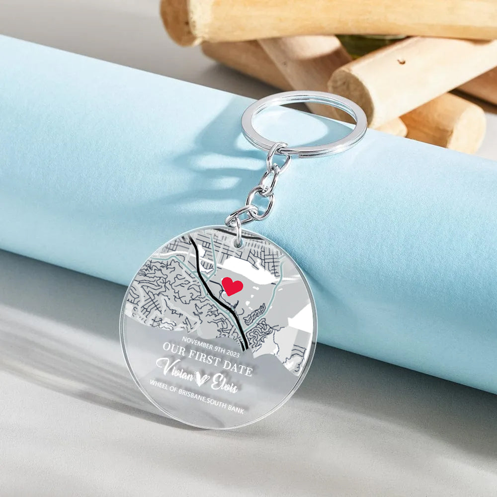 Personalized Map Acrylic Keychain Our First Date Keychain For Couple Valentines Gift